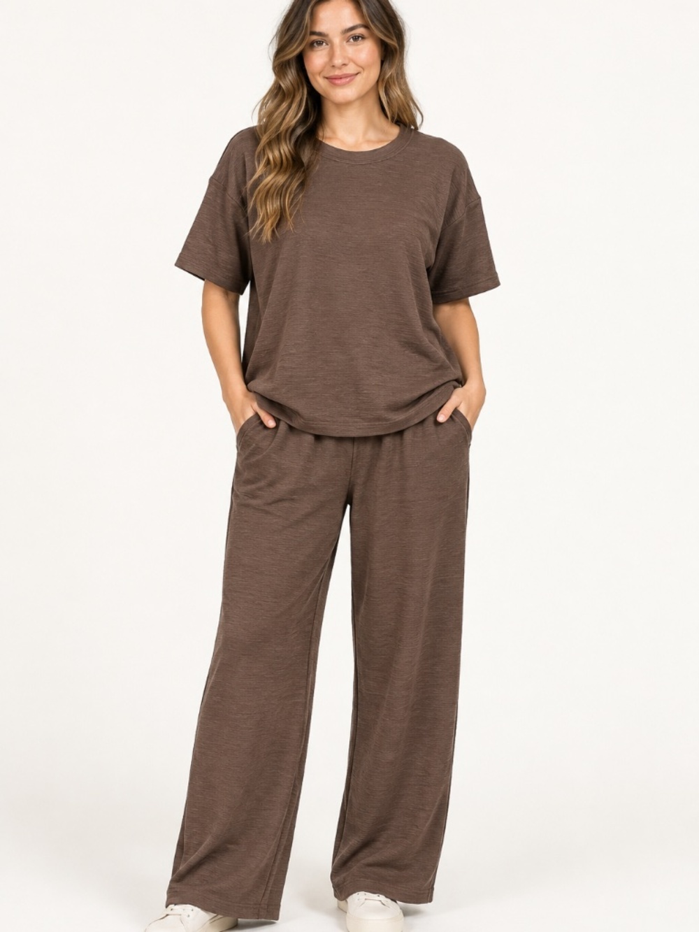 Zenana Mocha Textured Knit Two-Piece Wide-Leg Pants Set